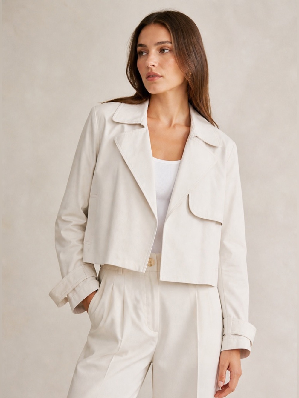 Theory Menefer Cropped Trench Coat in Exclusive Twill (Cream/Ivory), Size Small